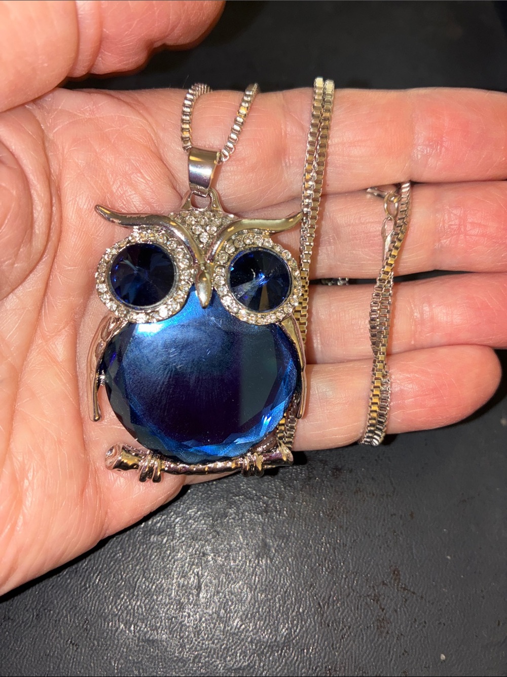 Silver-Tone Owl Pendant Necklace with Deep Blue Crystals